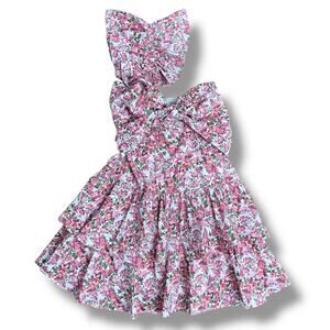Hello Molly Strapless Pink Floral Bow Mini Dress Cotton Fit Flare Small